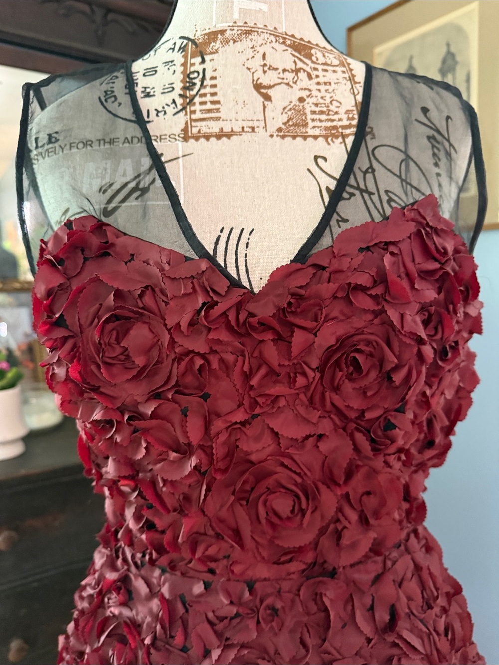 NWT Tracy Reese Burgundy Silk Rosette Floral Cocktail Dress Illusion Mesh Size 8 - Picture 3 of 16